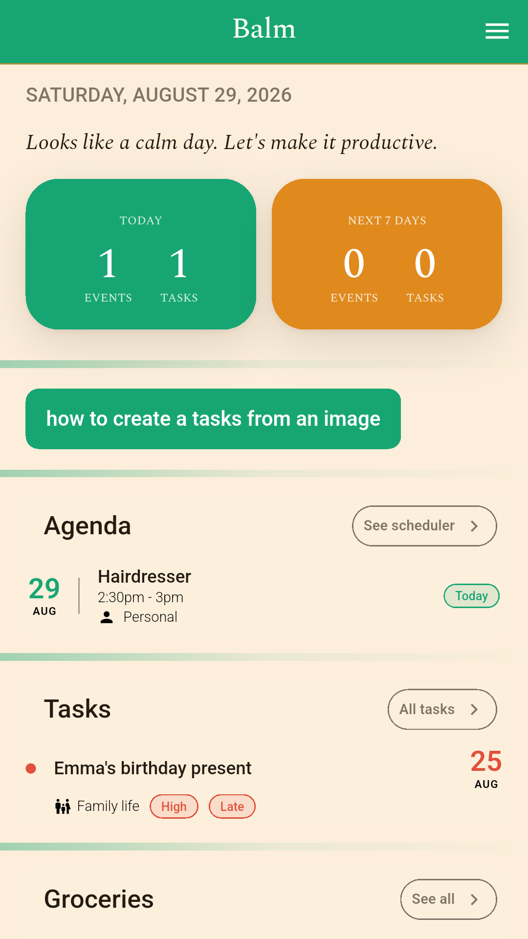 Balm app dashboard — today's agenda and tasks at a glance